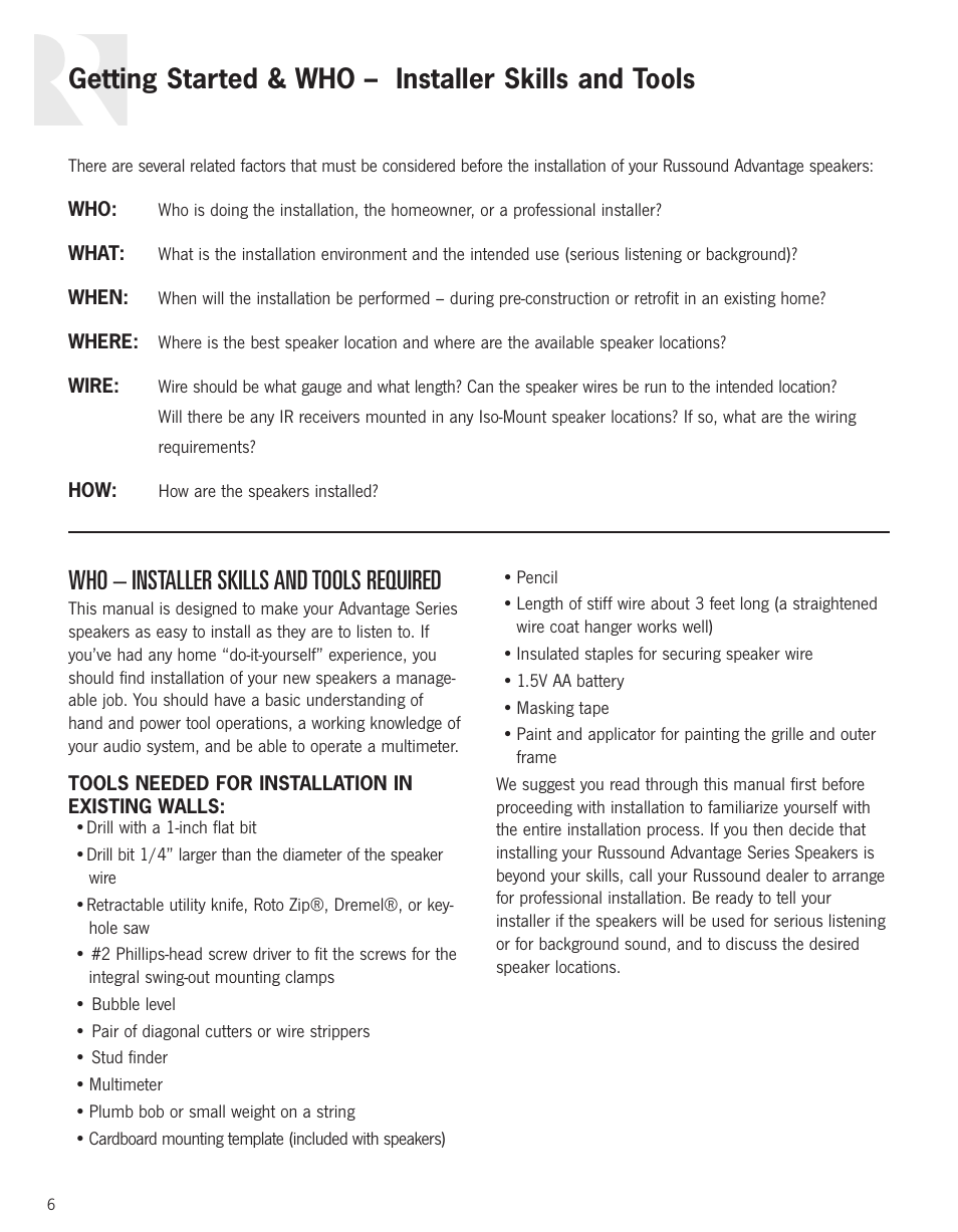 Getting started & who – installer skills and tools, Who – installer skills and tools required | Russound Advantage Series User Manual | Page 6 / 24