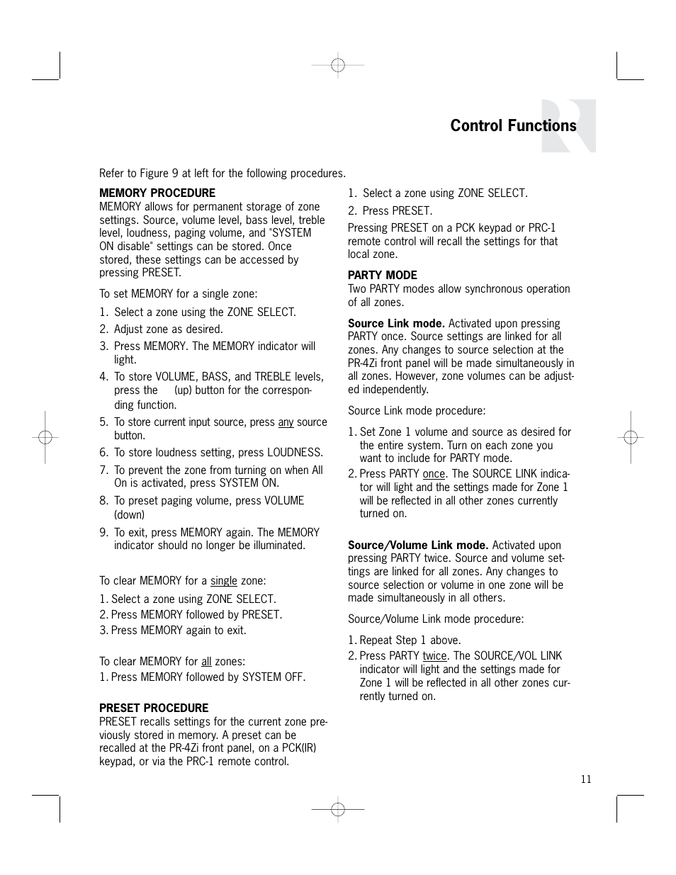Control functions | Russound PR-4Zi User Manual | Page 11 / 24