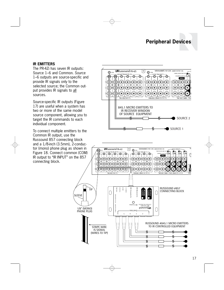 Peripheral devices, Figure 18 – common infrared output, Figure 17 – source-specific infrared outputs | Russound PR-4Zi User Manual | Page 17 / 24