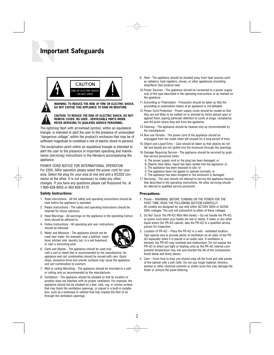 Important safeguards | Russound PR-4Zi User Manual | Page 2 / 24