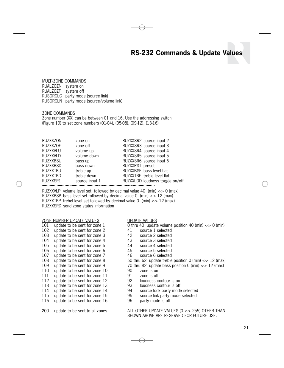 Rs-232 commands & update values | Russound PR-4Zi User Manual | Page 21 / 24