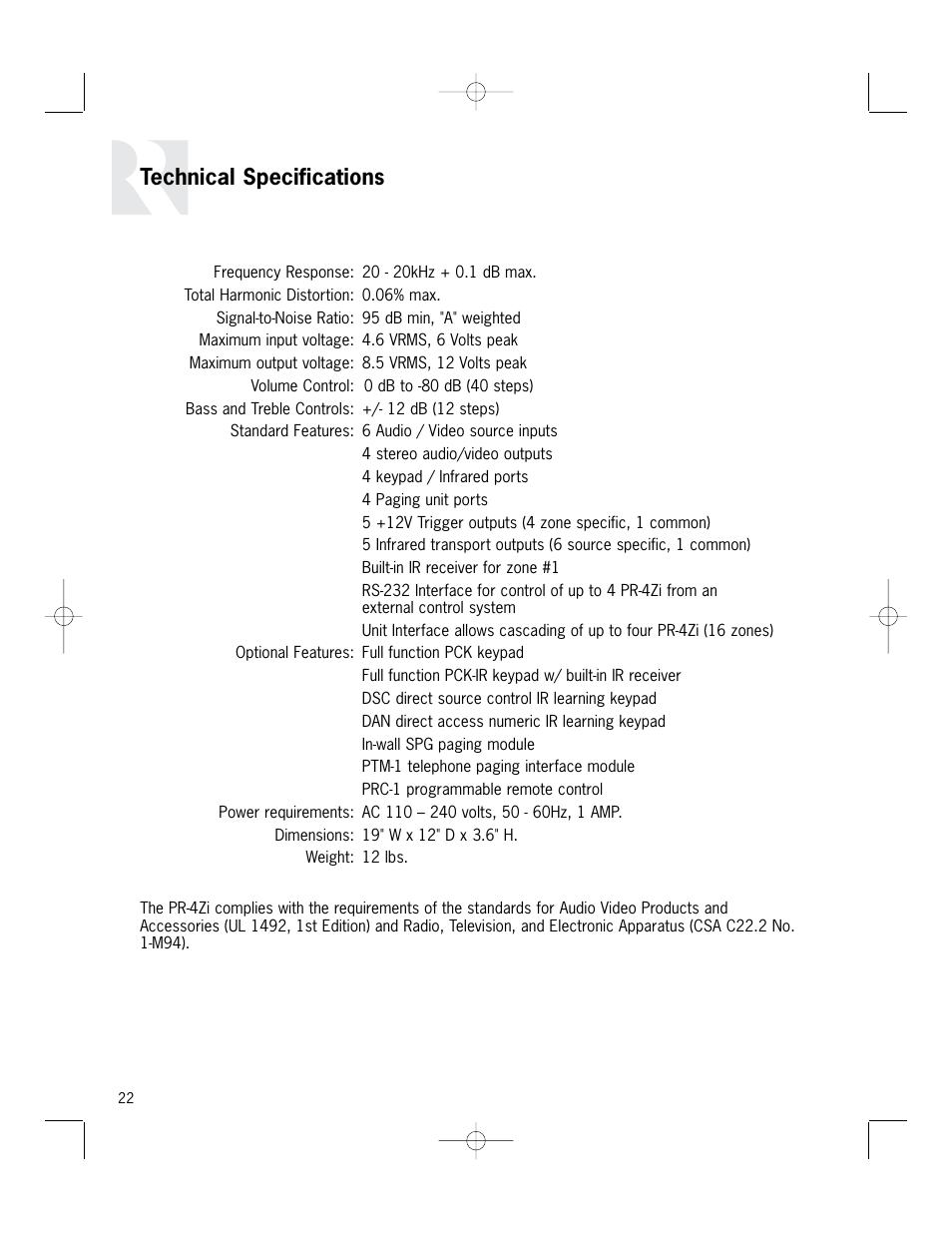 Technical specifications | Russound PR-4Zi User Manual | Page 22 / 24
