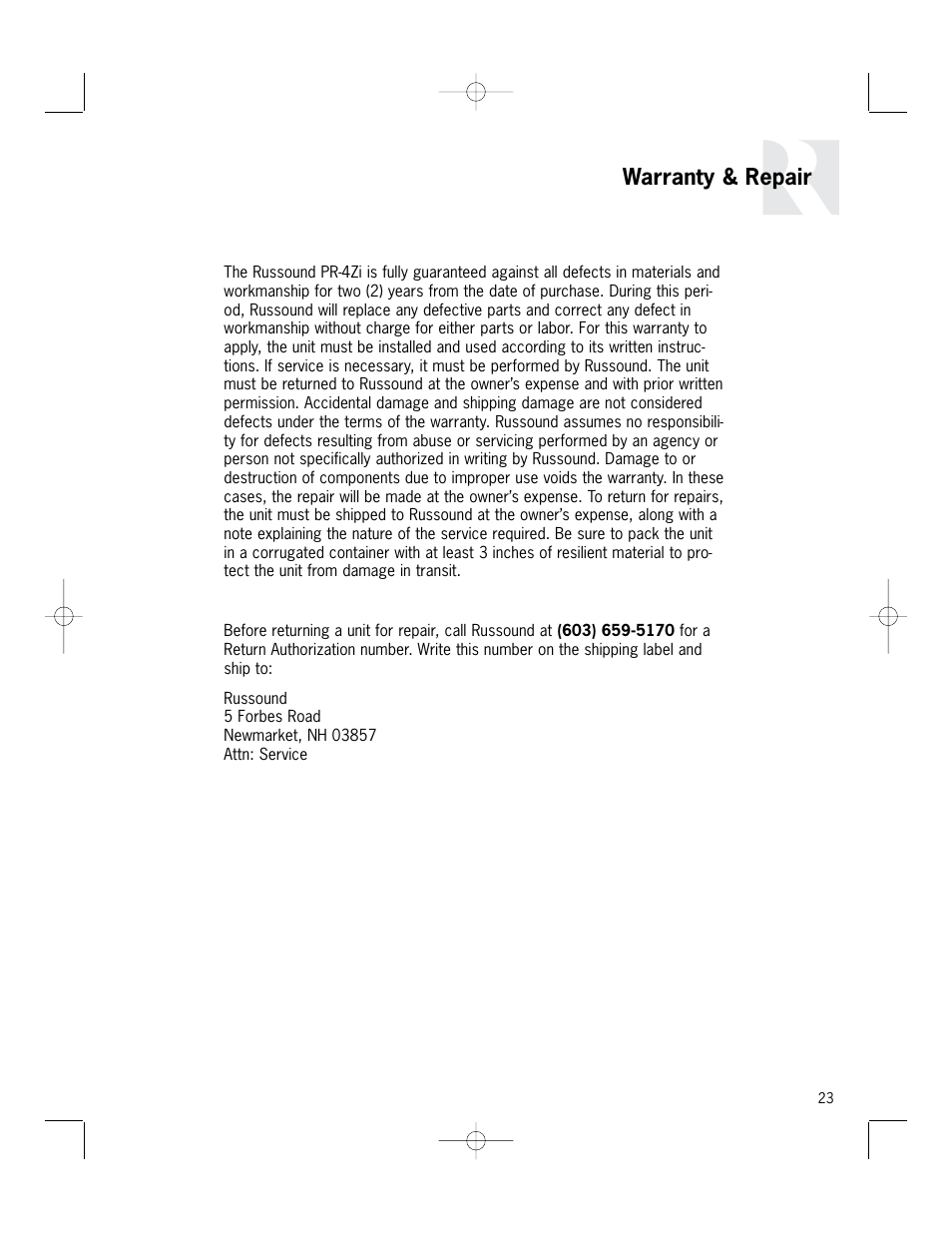 Warranty & repair | Russound PR-4Zi User Manual | Page 23 / 24