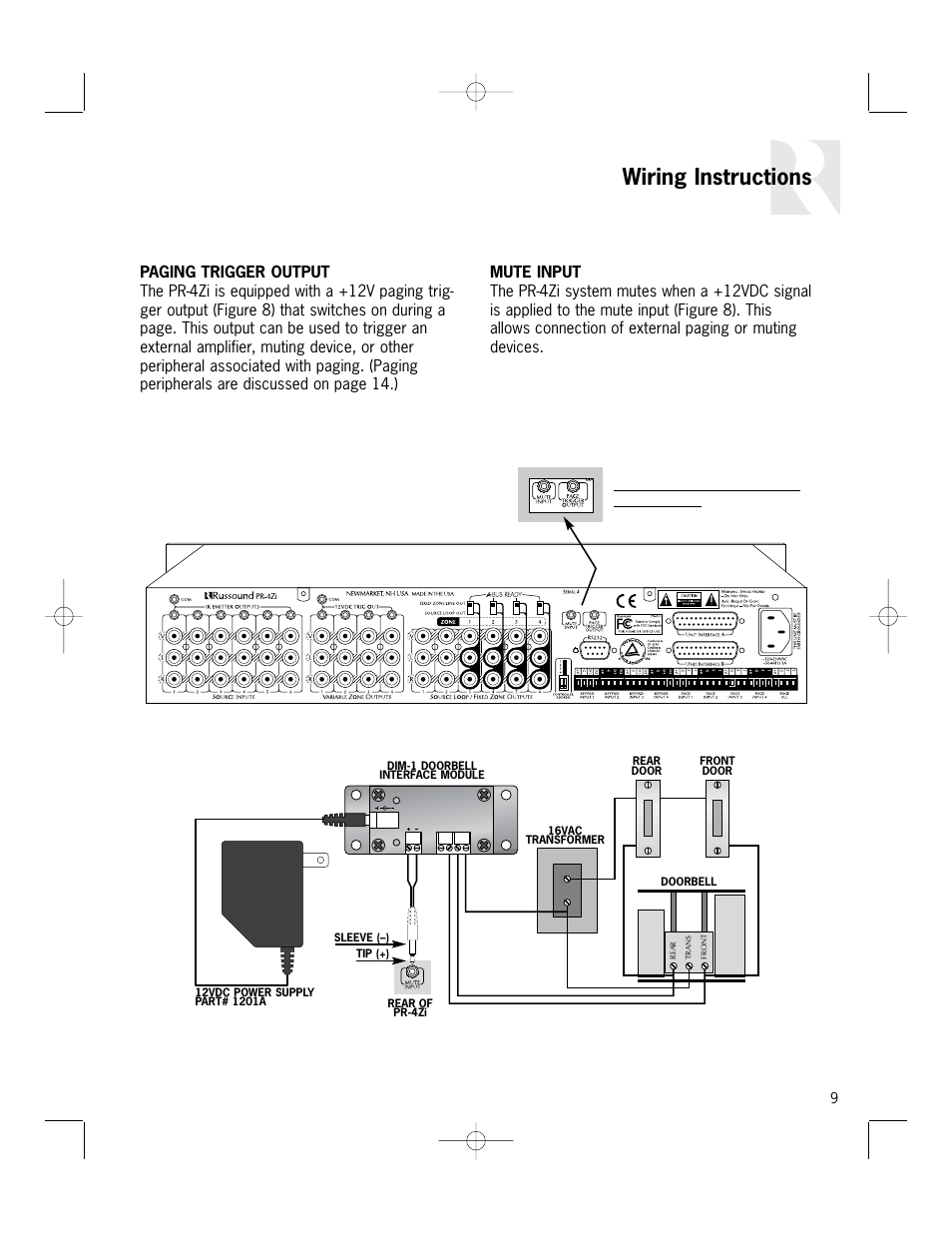Wiring instructions, Figure 8 – paging trigger output and mute input | Russound PR-4Zi User Manual | Page 9 / 24