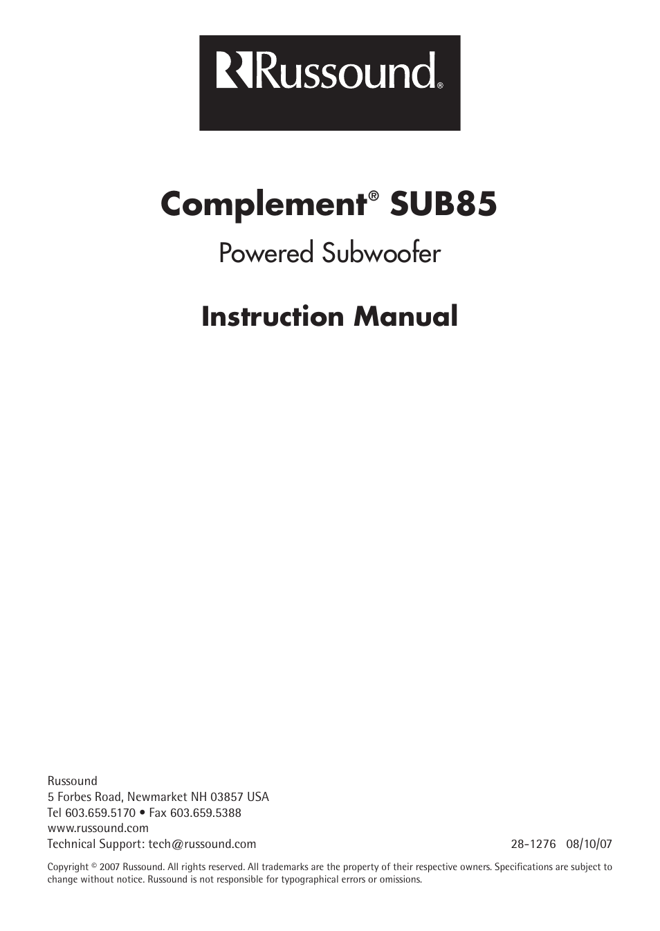 Complement, Sub85, Powered subwoofer instruction manual | Russound COMPLEMENT SUB85 User Manual | Page 12 / 12