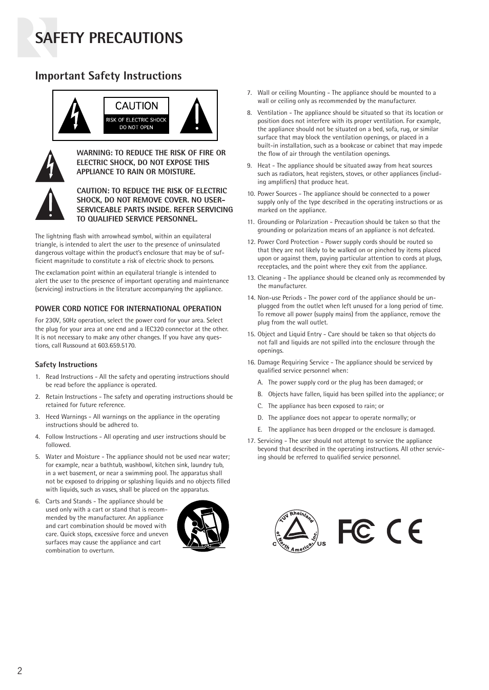 Safety precautions, Important safety instructions | Russound COMPLEMENT SUB85 User Manual | Page 2 / 12