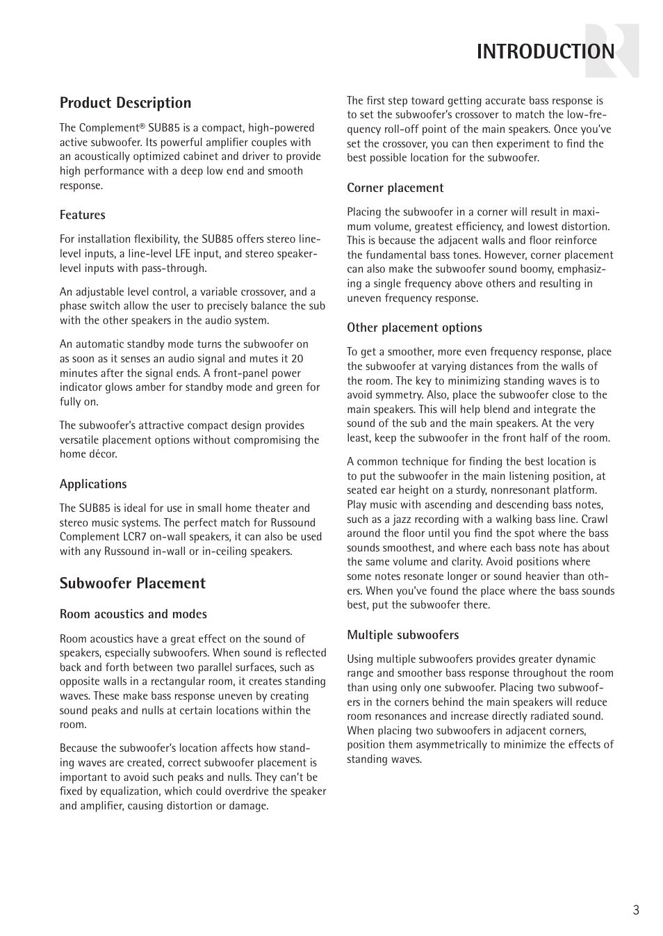 Introduction, Product description, Subwoofer placement | Russound COMPLEMENT SUB85 User Manual | Page 3 / 12