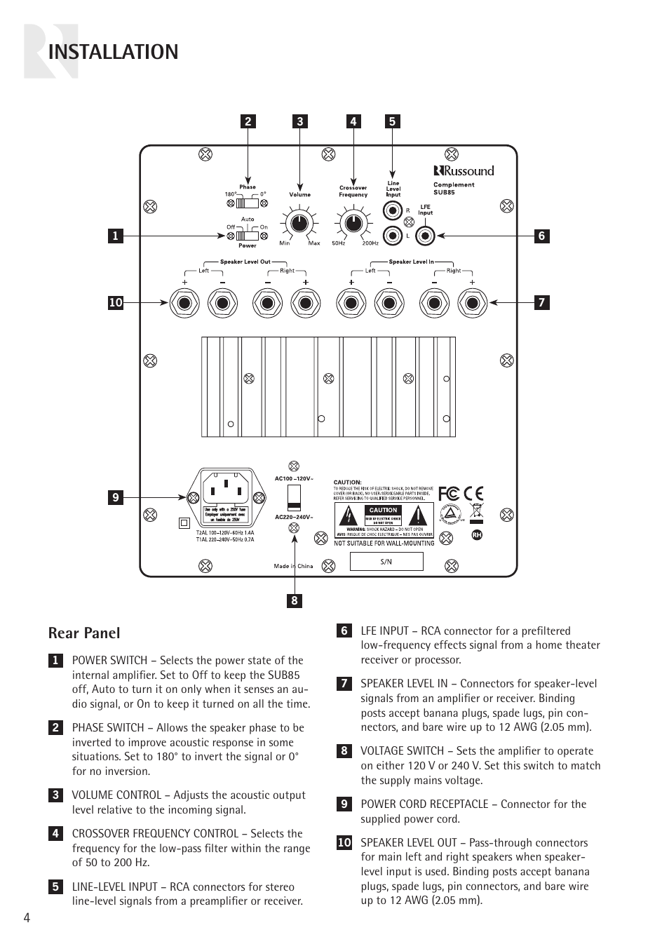 Installation, Rear panel | Russound COMPLEMENT SUB85 User Manual | Page 4 / 12