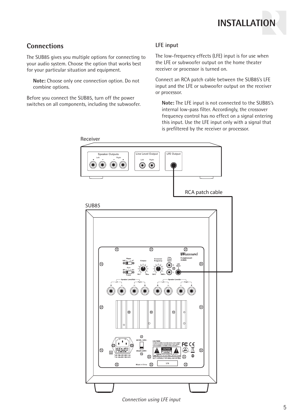Installation, Connections, Lfe input | Russound COMPLEMENT SUB85 User Manual | Page 5 / 12