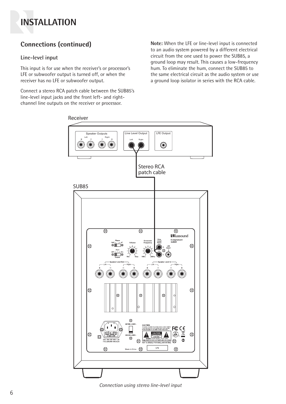 Installation, Connections (continued), Line-level input | Russound COMPLEMENT SUB85 User Manual | Page 6 / 12