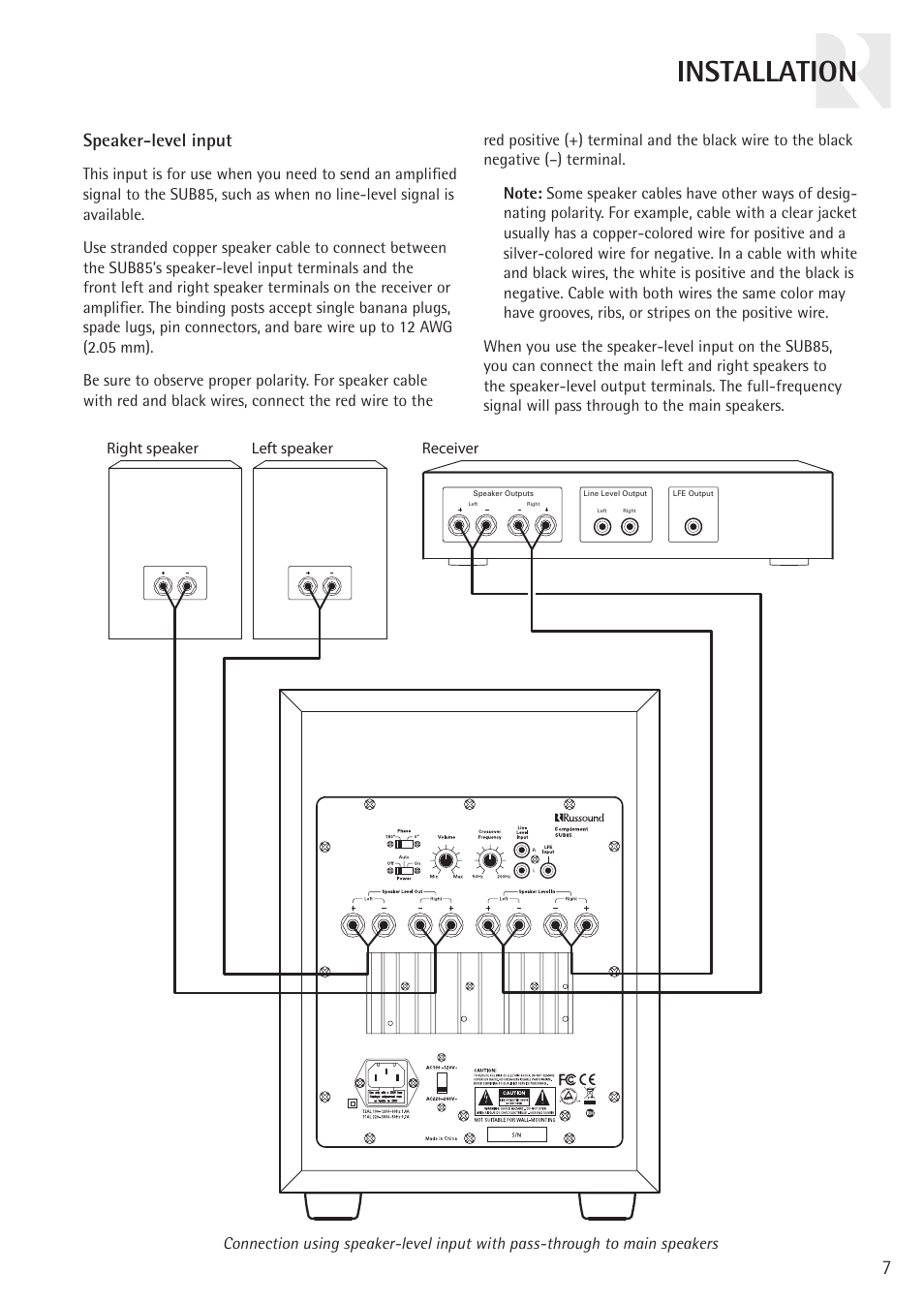 Installation, Speaker-level input | Russound COMPLEMENT SUB85 User Manual | Page 7 / 12