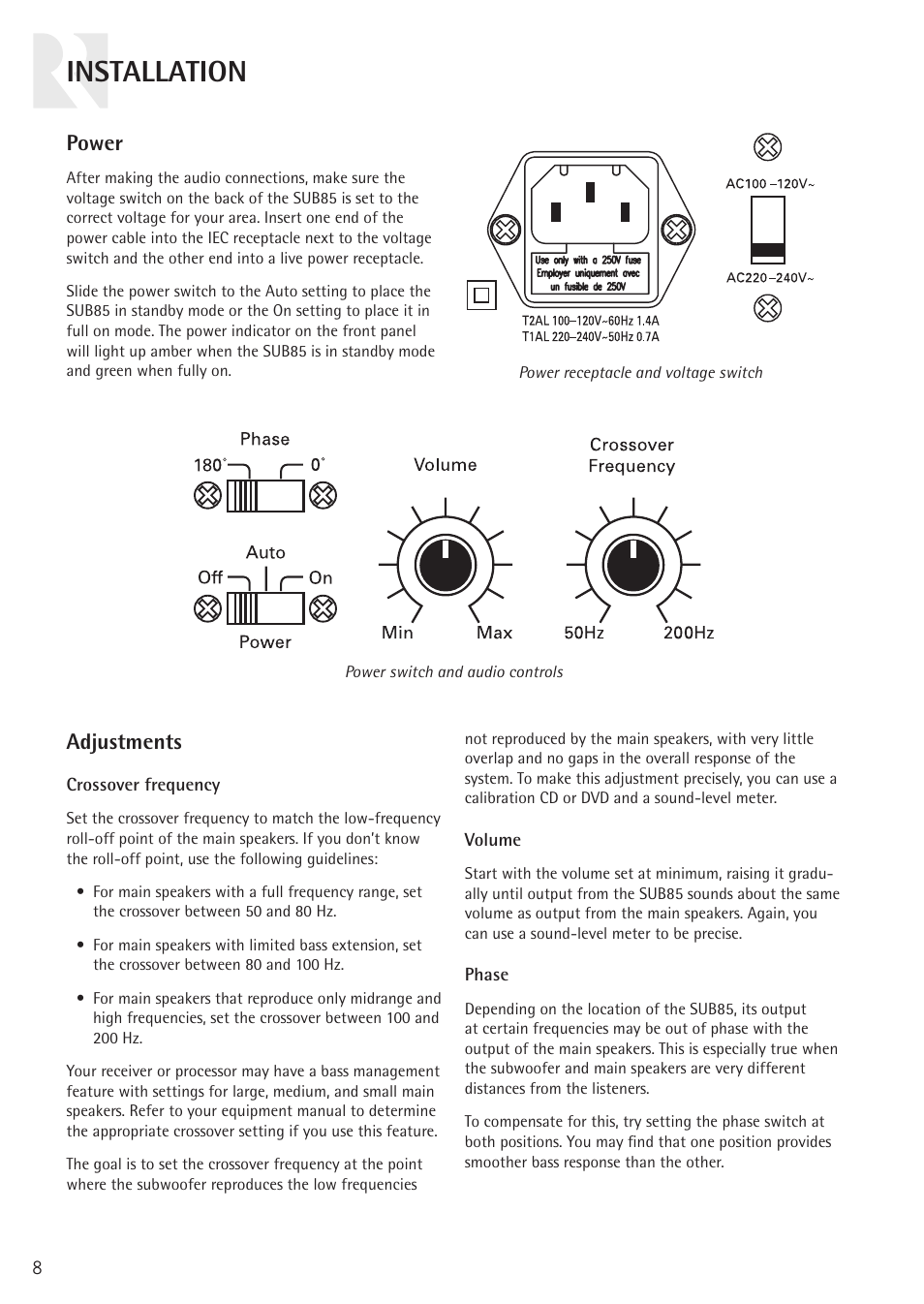 Installation, Power, Adjustments | Russound COMPLEMENT SUB85 User Manual | Page 8 / 12