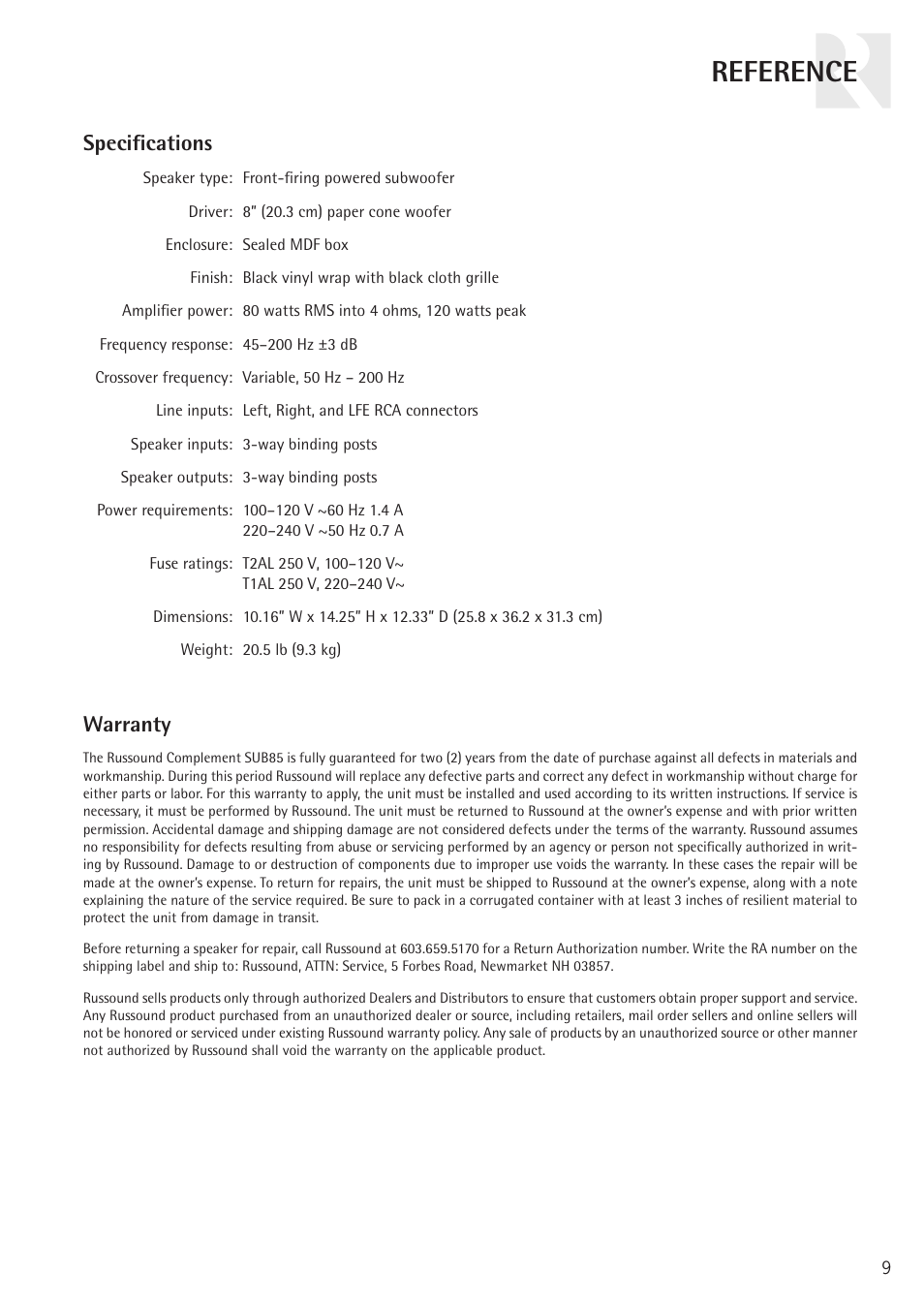 Reference, Warranty, Specifi cations | Russound COMPLEMENT SUB85 User Manual | Page 9 / 12