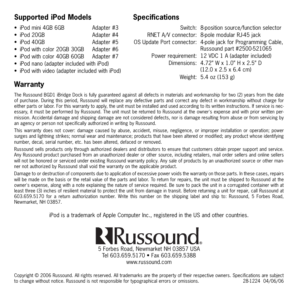Warranty, Specifications, Supported ipod models | Russound BGD1 User Manual | Page 8 / 8