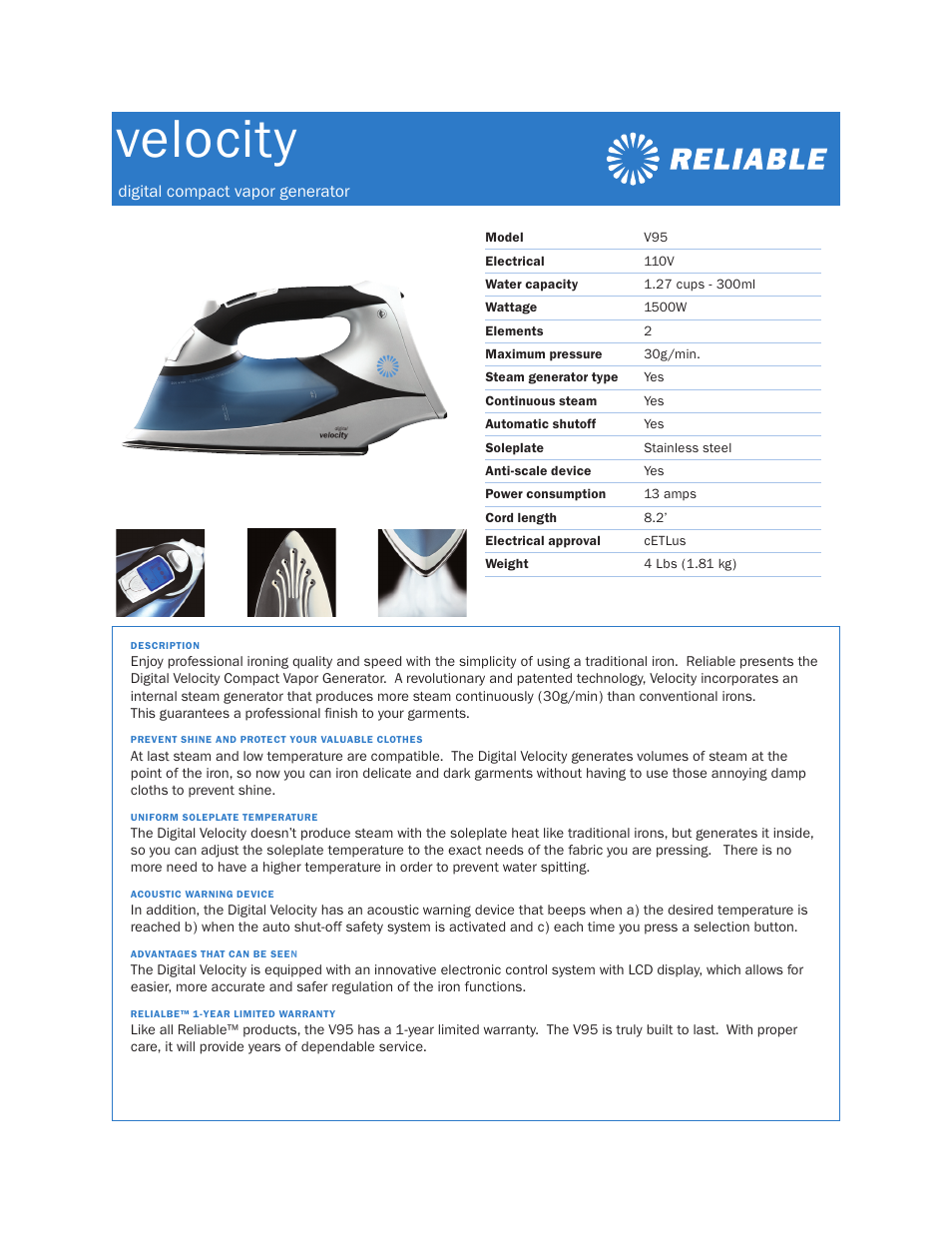 Reliable Velocity V95 User Manual | 1 page