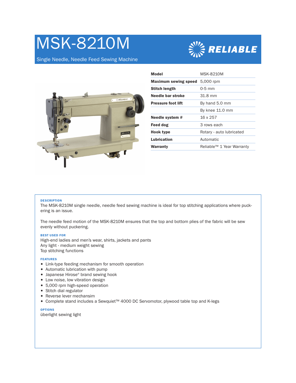 Reliable MSK-8210M User Manual | 1 page