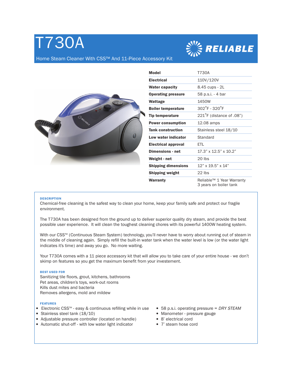 Reliable T730A User Manual | 1 page