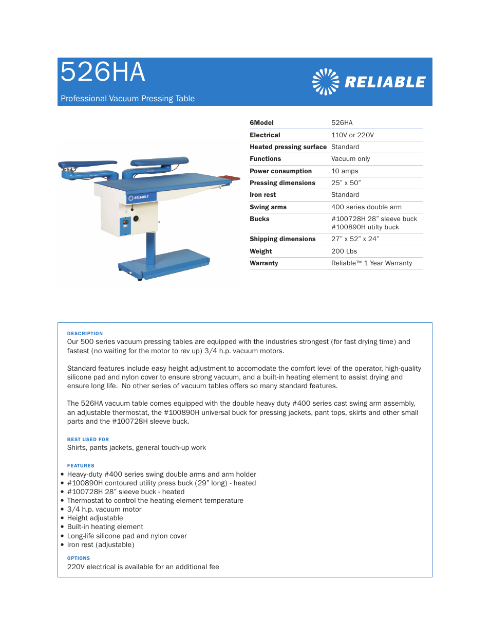 Reliable 526HA User Manual | 1 page