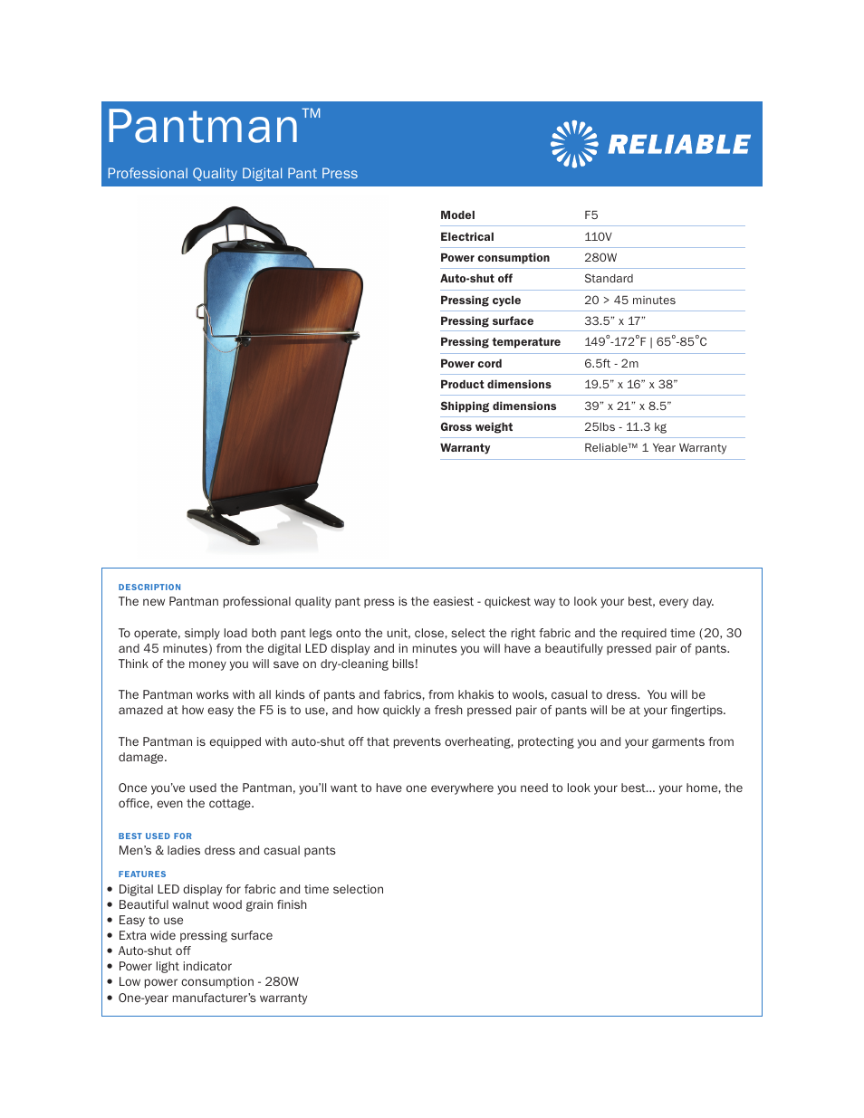 Reliable Pantman F5 User Manual | 1 page