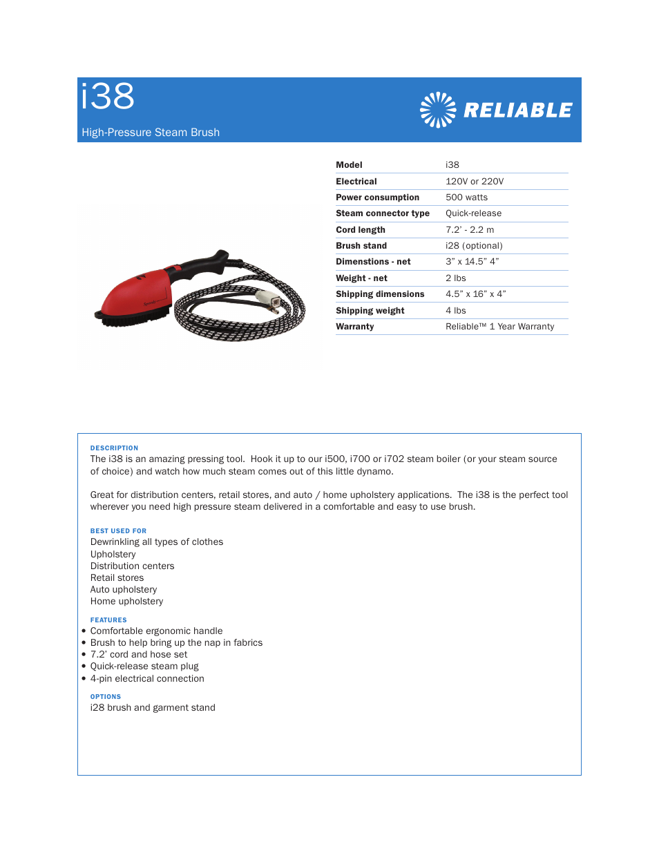 Reliable i38 User Manual | 1 page