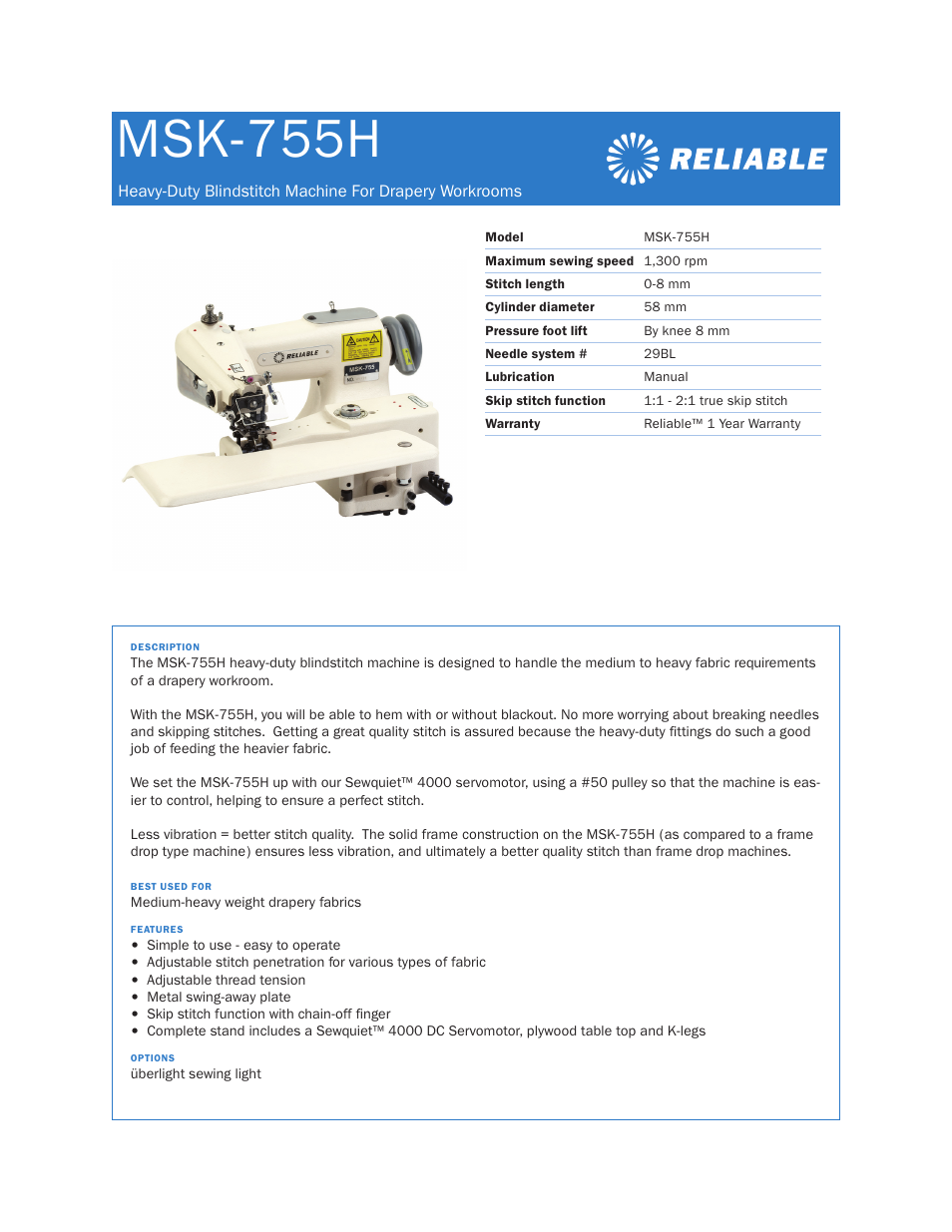Reliable MSK-755H User Manual | 1 page
