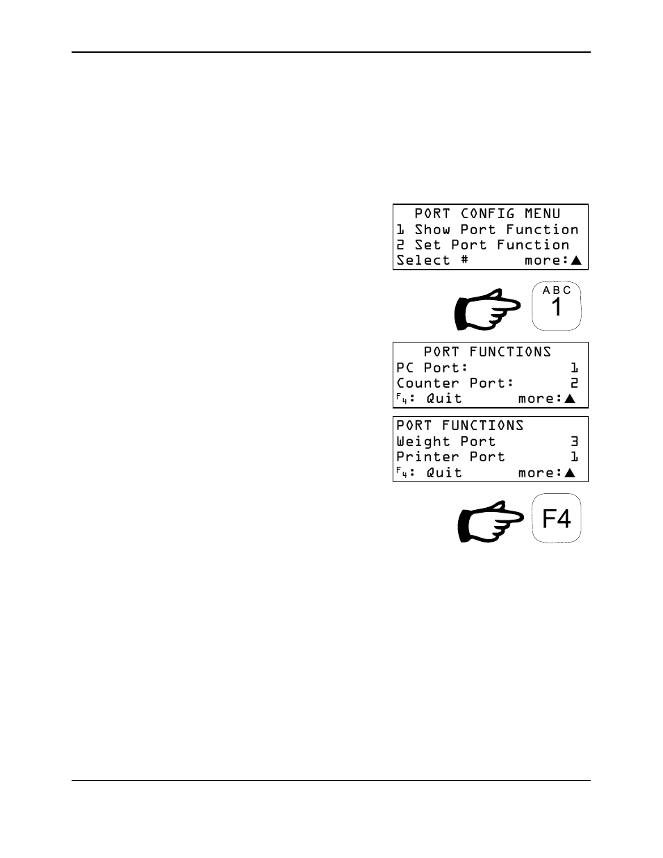 Screen shows first port functions. use the, Arrow keys to scroll through the list, Down | Port functions pc port: 1 counter port: 2, Quit more, Port functions weight port 3 printer port 1 | Reliable Data-Logger DL-04 User Manual | Page 24 / 38