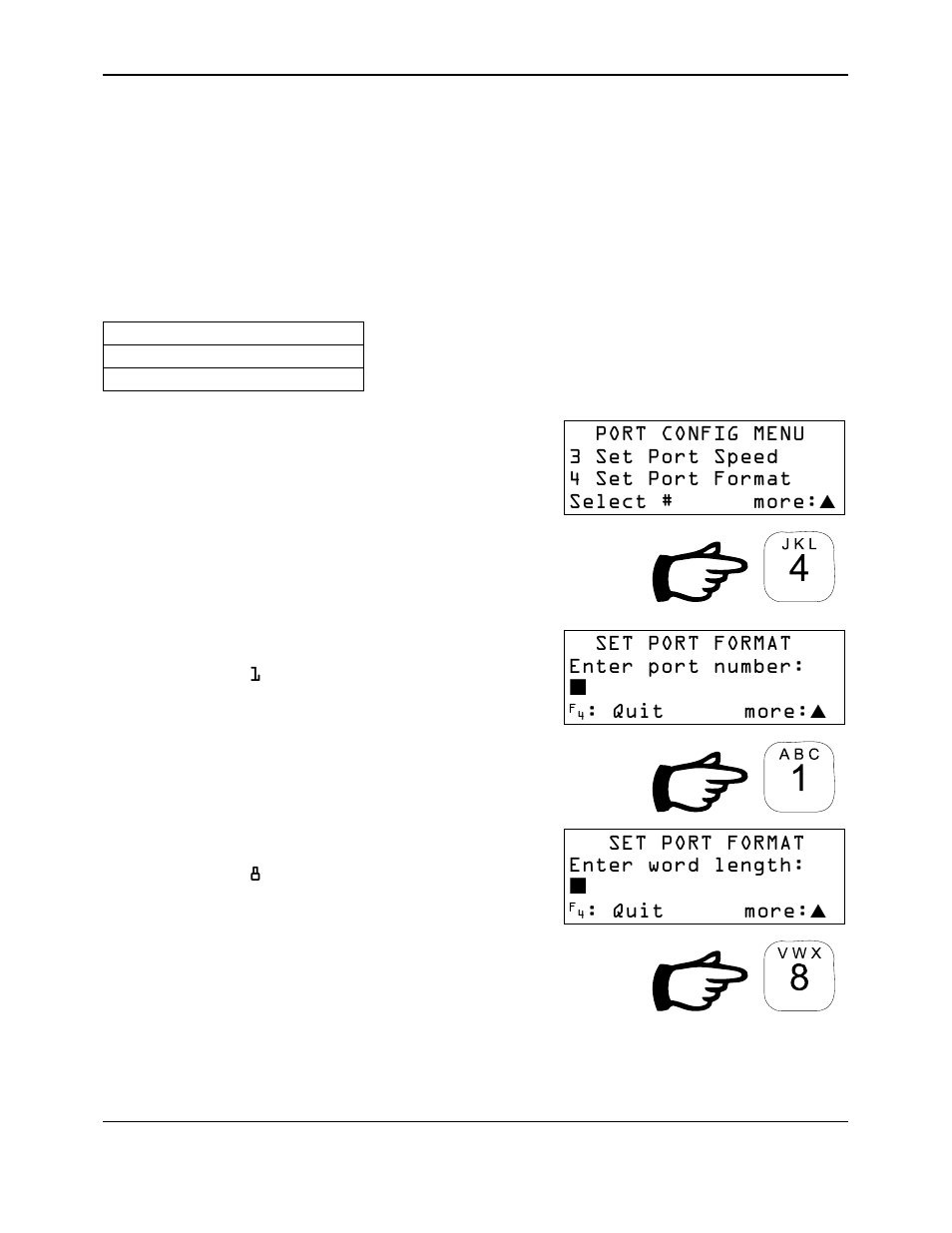 Key in the port to be changed, Example, Key in the word length | Set port format enter port number, Quit more, Set port format enter word length | Reliable Data-Logger DL-04 User Manual | Page 28 / 38