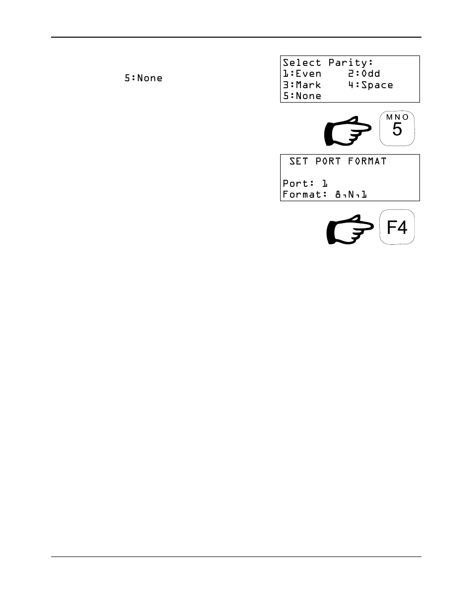 Choose the parity setting, Example, None | Set port format port: 1 format: 8,n,1 | Reliable Data-Logger DL-04 User Manual | Page 29 / 38