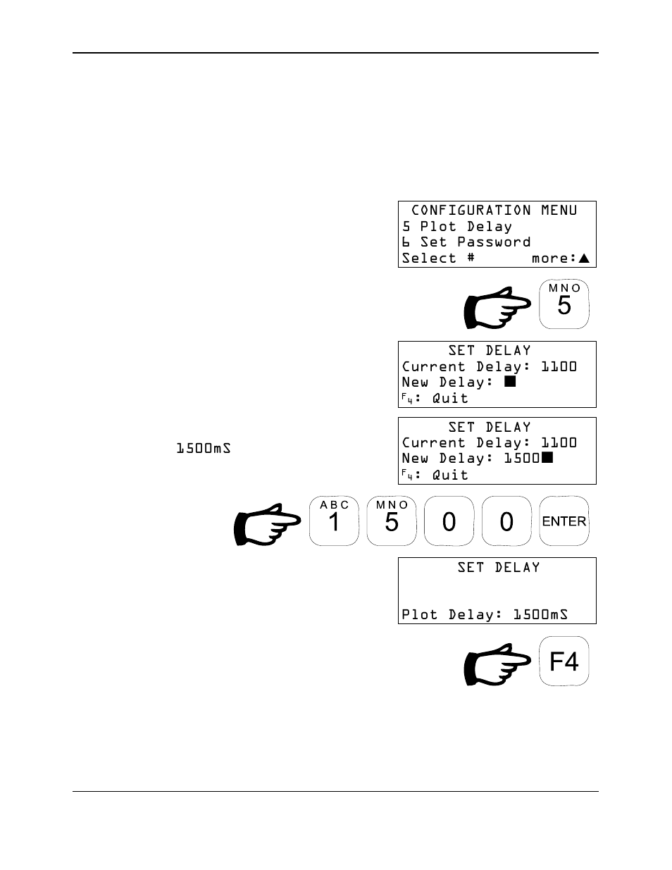 Key in the new port delay setting, Example, Dl- 04 | Set delay current delay: 1100 new delay, Quit, 1500ms, Set delay plot delay: 1500ms | Reliable Data-Logger DL-04 User Manual | Page 32 / 38