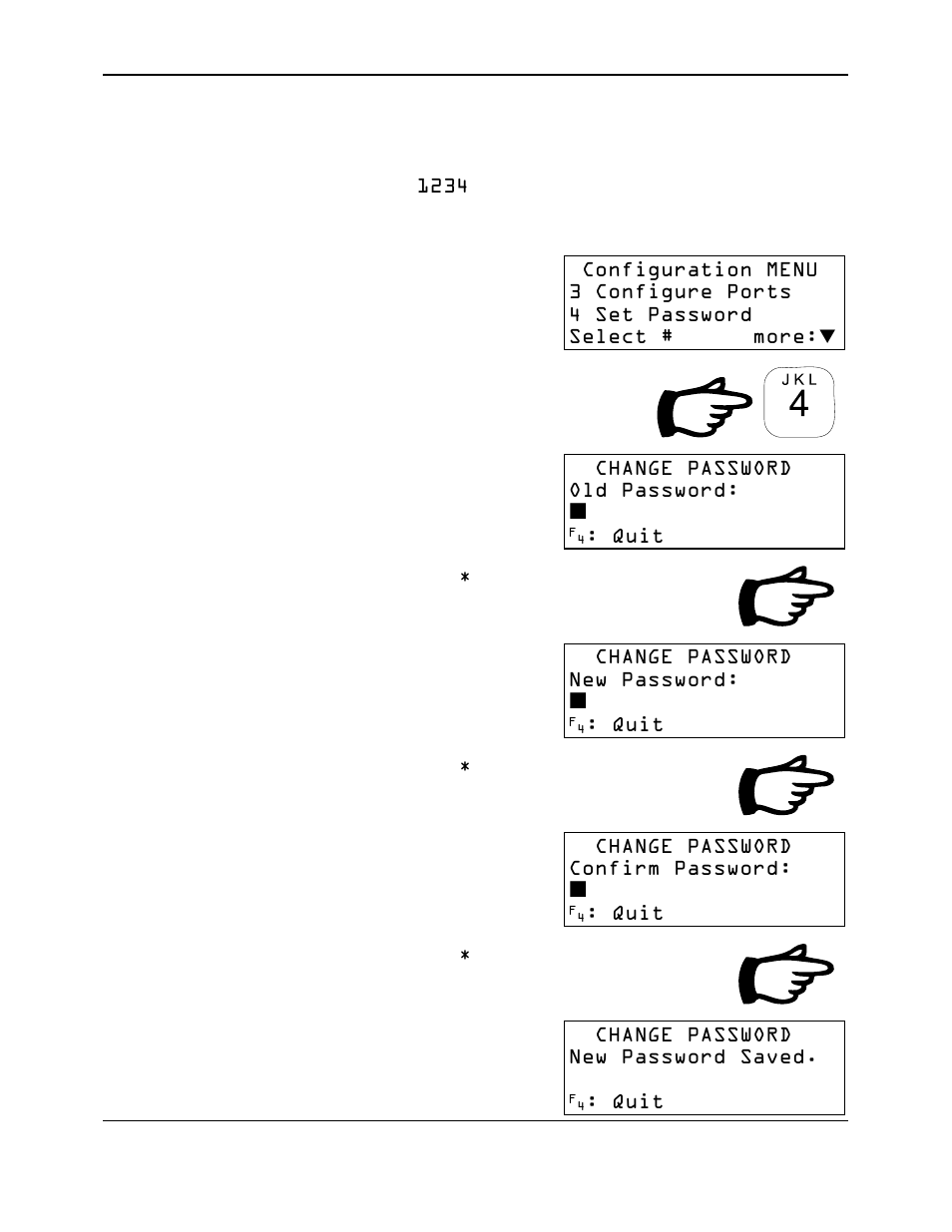 Key in the old password, When the password is entered, S are displayed for security | Key in the new password, Key in the new password again to confirm it, Change password old password, Quit, Change password new password, Change password confirm password, Change password new password saved | Reliable Data-Logger DL-04 User Manual | Page 33 / 38