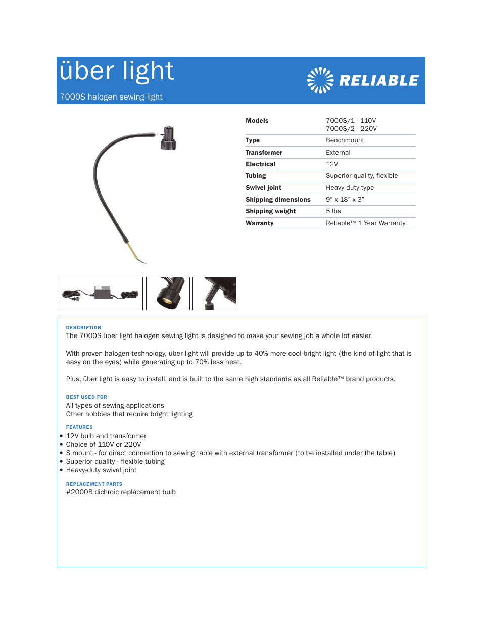 Reliable 7000S/2 - 220V User Manual | 1 page