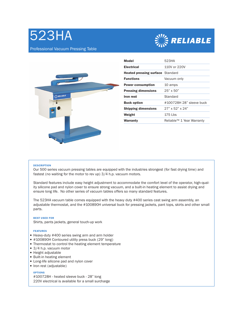 Reliable 523HA User Manual | 1 page