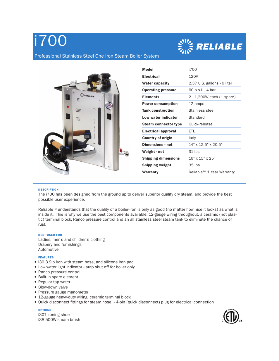 Reliable i700 User Manual | 1 page