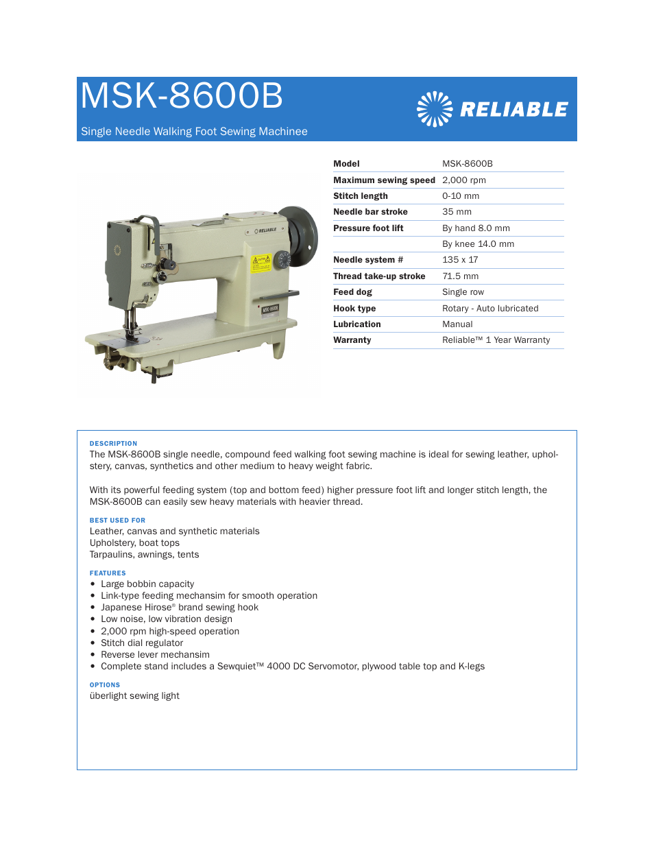 Reliable MSK-8600B User Manual | 1 page