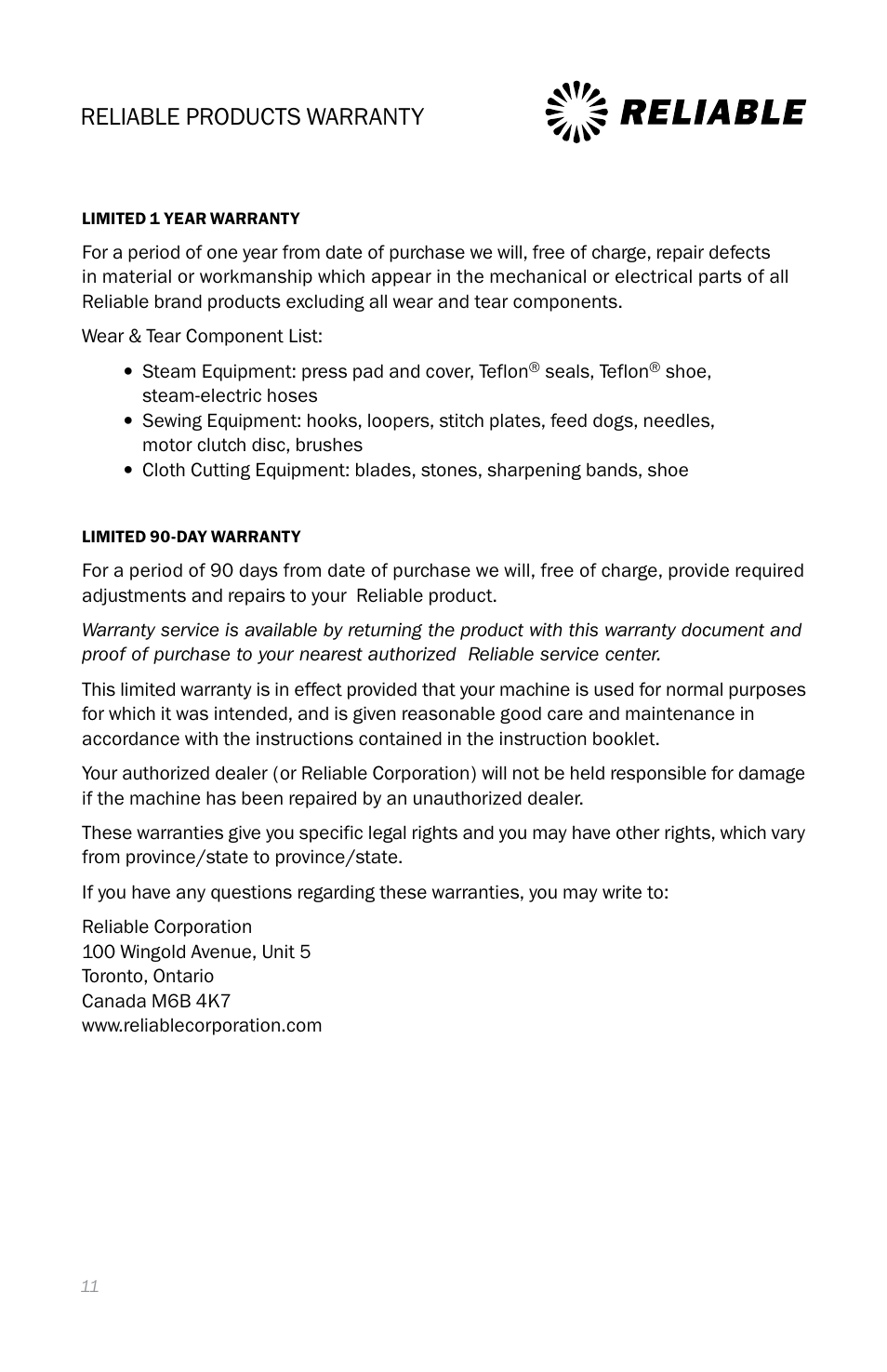 Reliable products warranty | Reliable I500A User Manual | Page 14 / 40