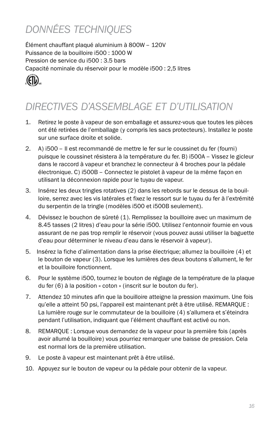 Données techniques, Directives d’assemblage et d’utilisation | Reliable I500A User Manual | Page 19 / 40