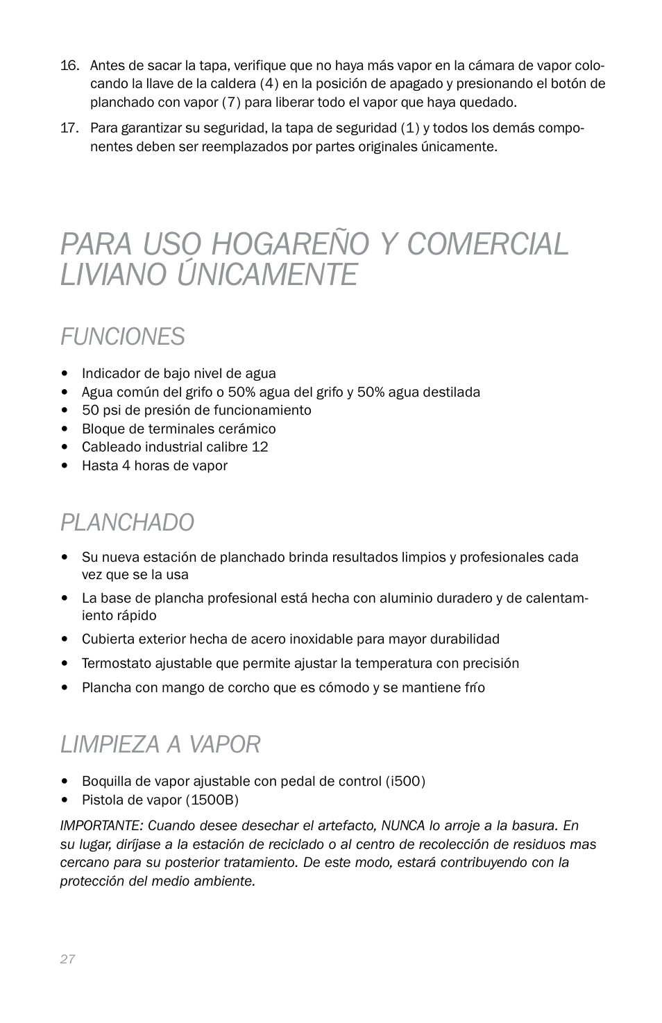 Para uso hogareño y comercial liviano únicamente, Funciones, Planchado | Limpieza a vapor | Reliable I500A User Manual | Page 30 / 40