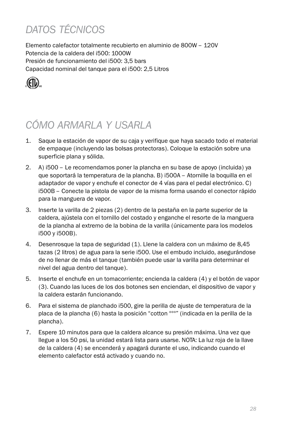 Datos técnicos, Cómo armarla y usarla | Reliable I500A User Manual | Page 31 / 40