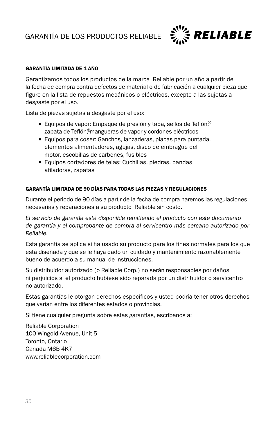 Garantía de los productos reliable | Reliable I500A User Manual | Page 38 / 40