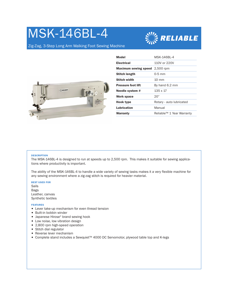 Reliable MSK-146BL-4 User Manual | 1 page