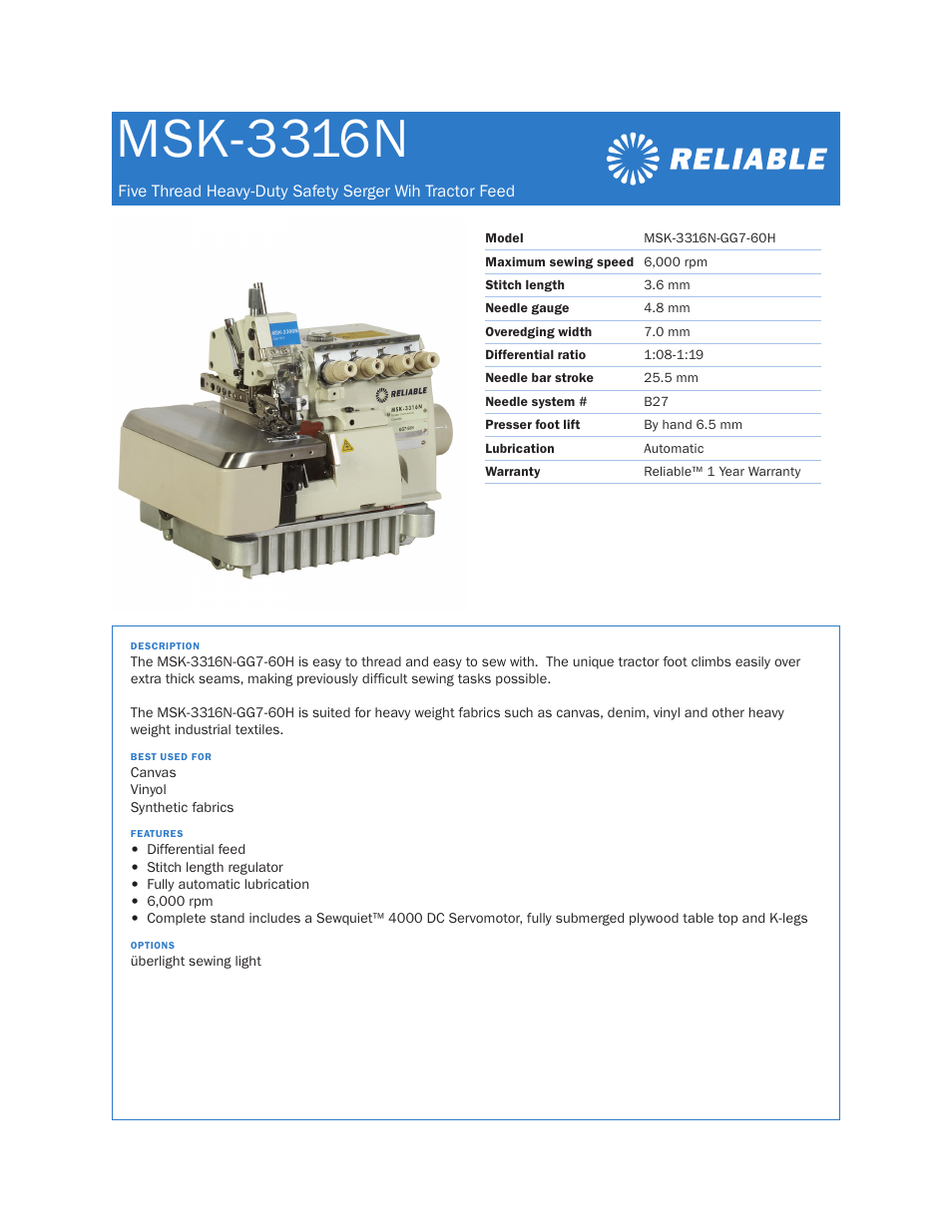 Reliable MSK-3316N User Manual | 1 page