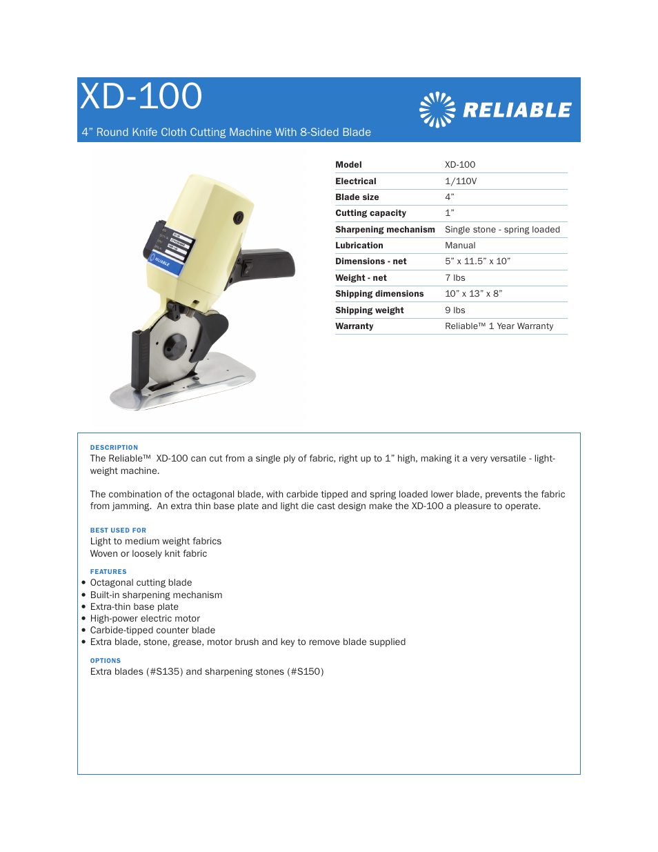 Reliable XD-100 User Manual | 1 page