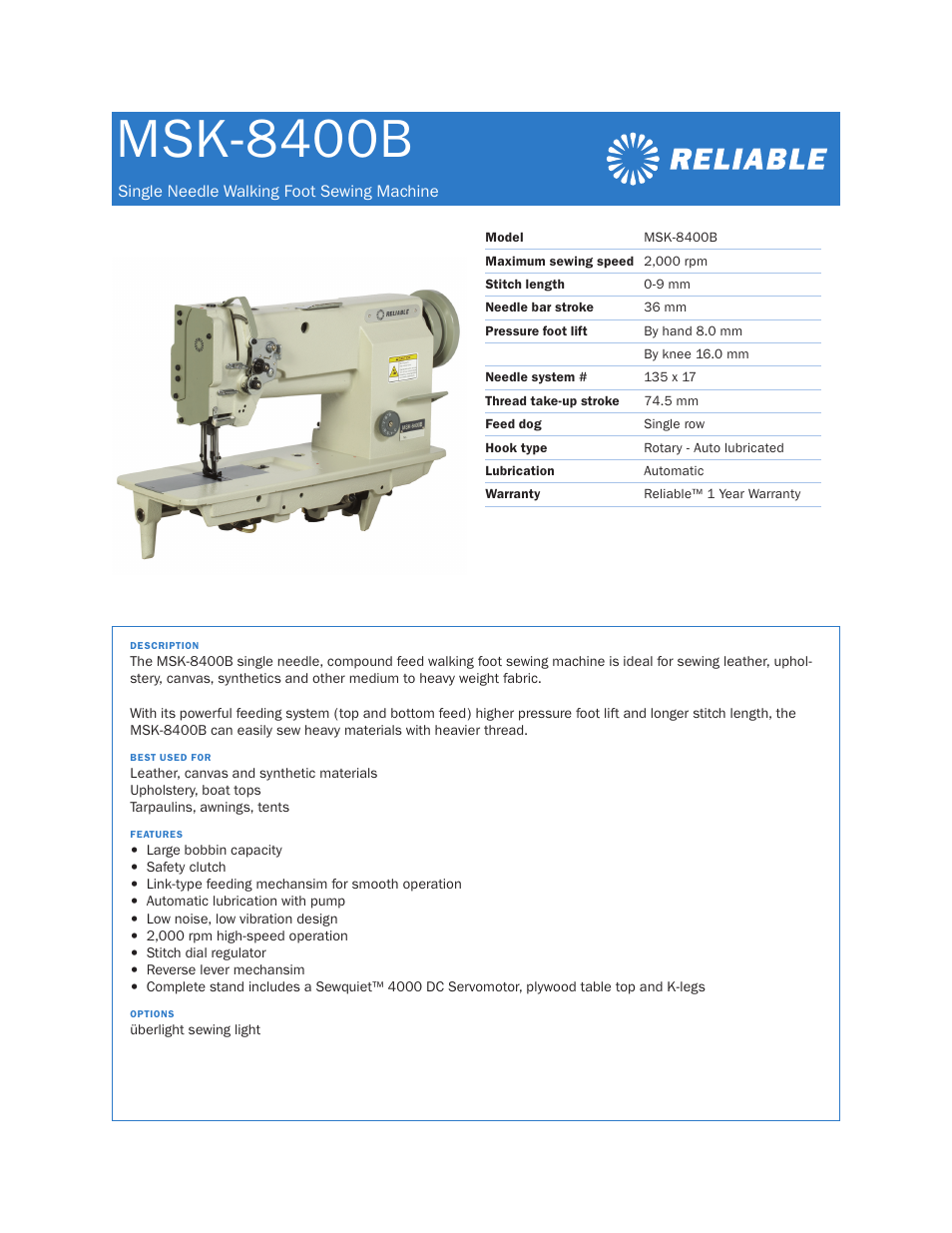 Reliable MSK-8400B User Manual | 1 page