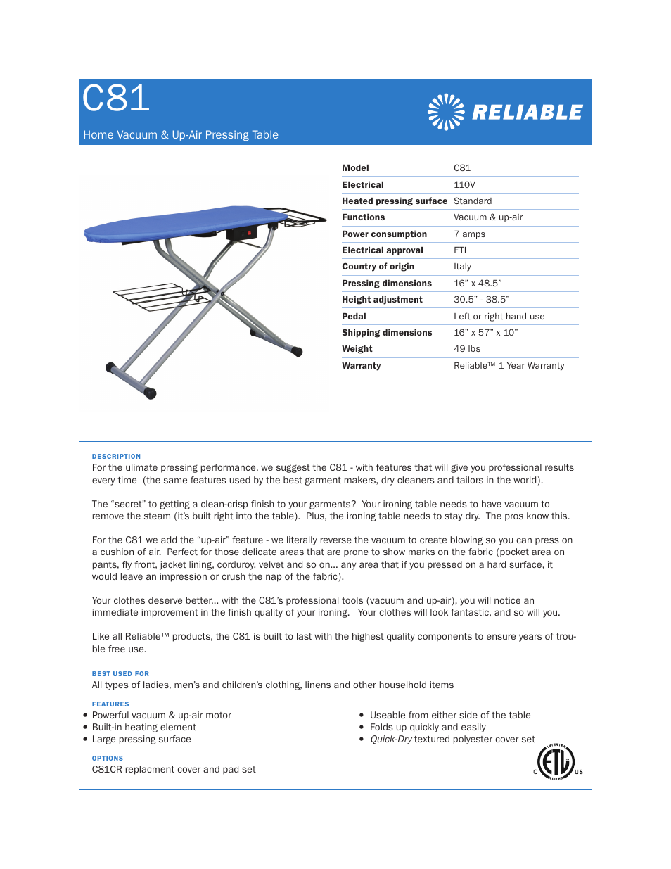 Reliable C81 User Manual | 1 page