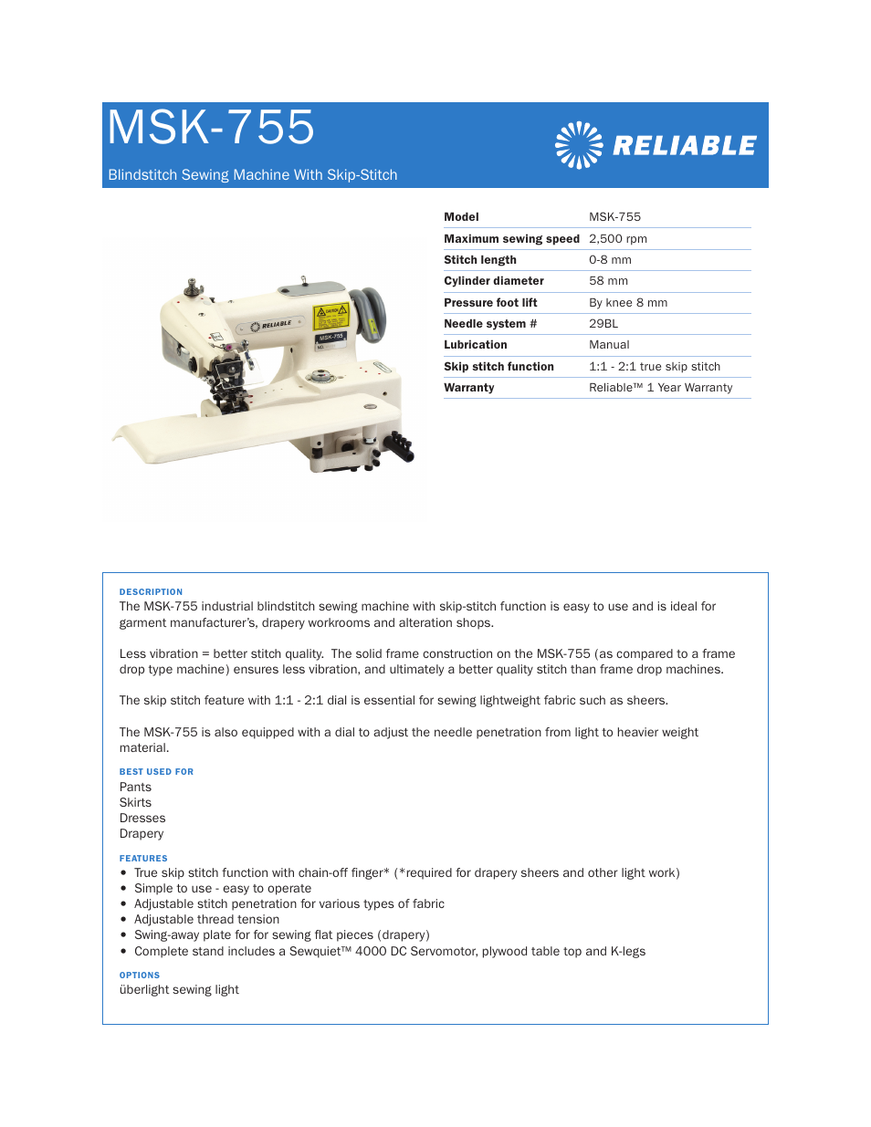 Reliable MSK-755 User Manual | 1 page