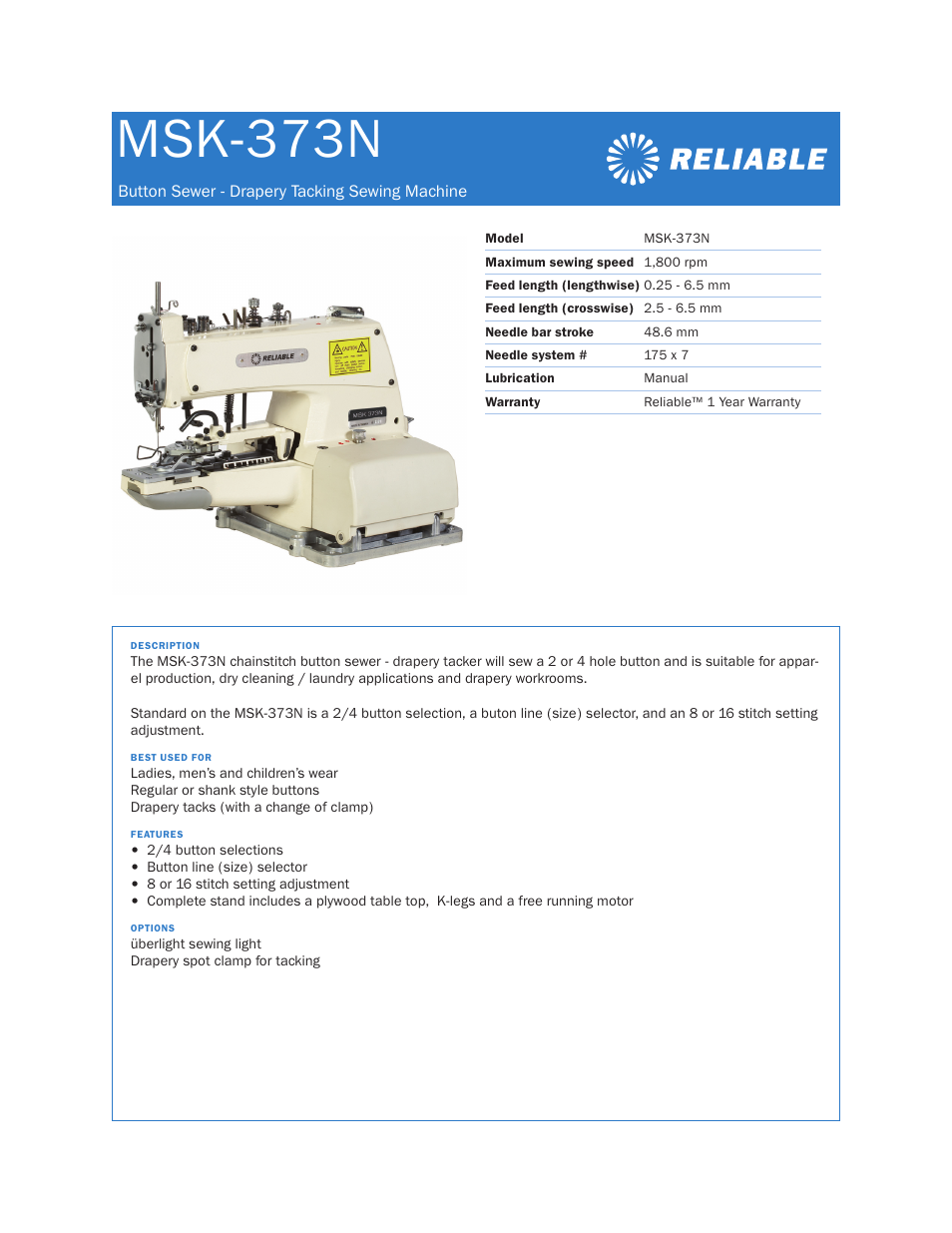 Reliable MSK-373N User Manual | 1 page