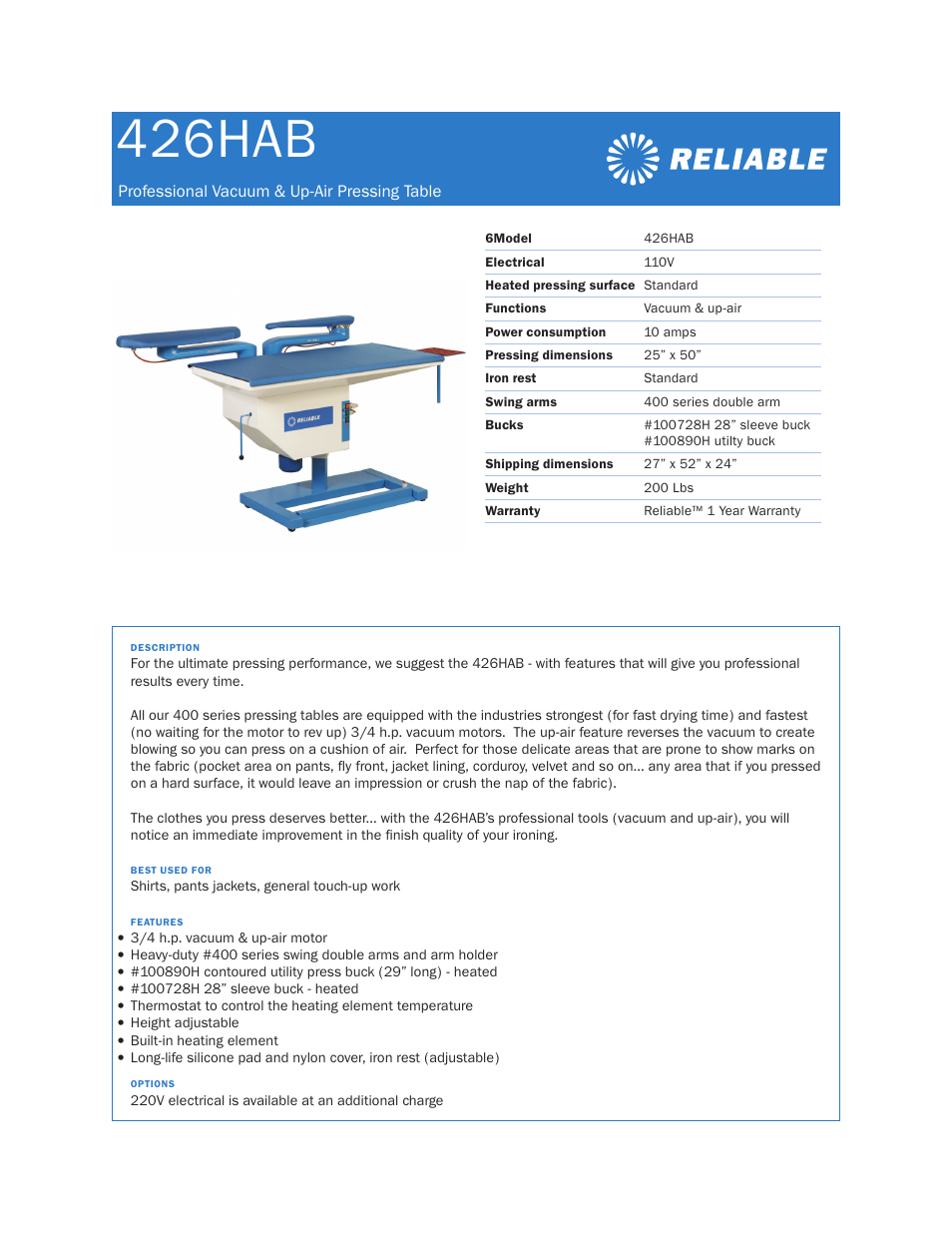Reliable 426HAB User Manual | 1 page