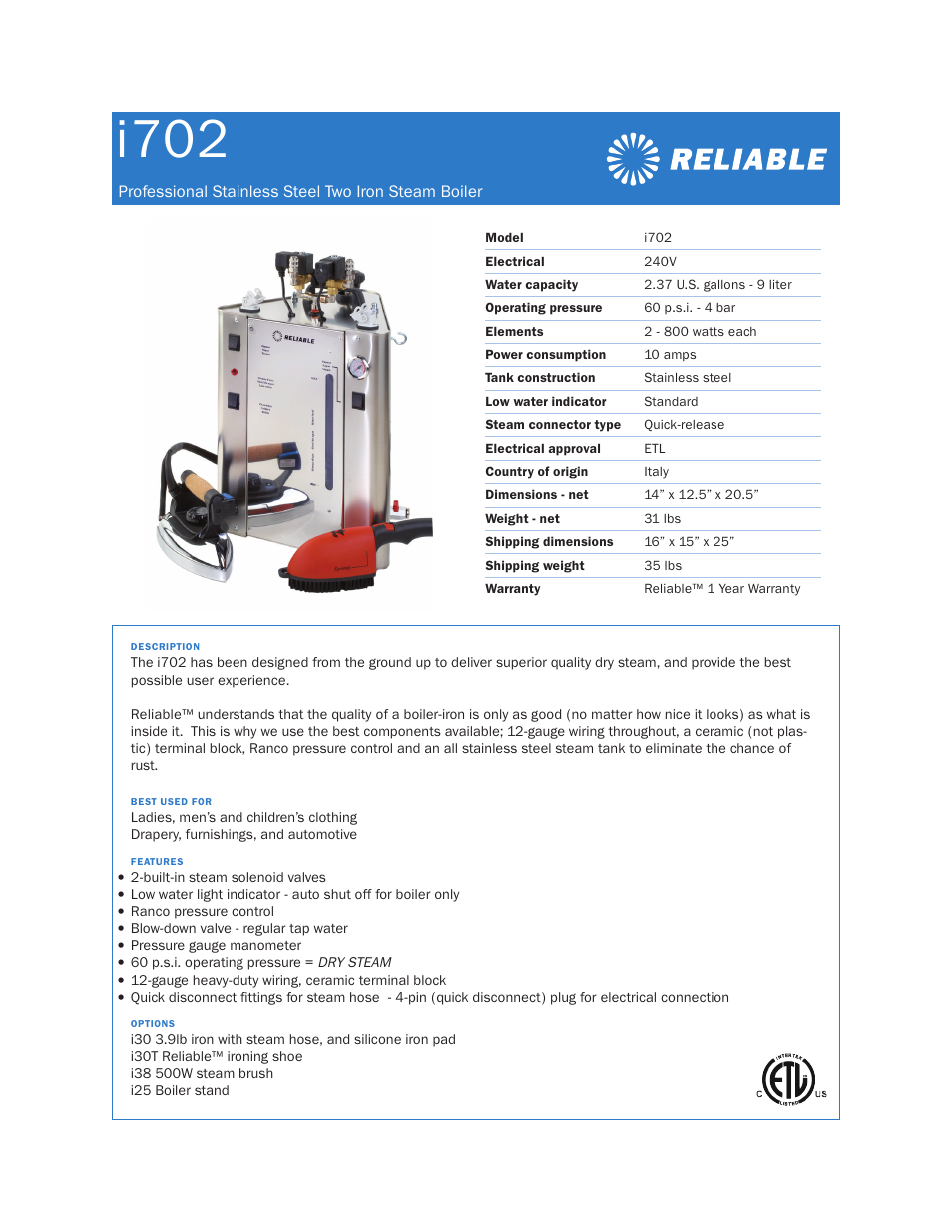 Reliable i702 User Manual | 1 page