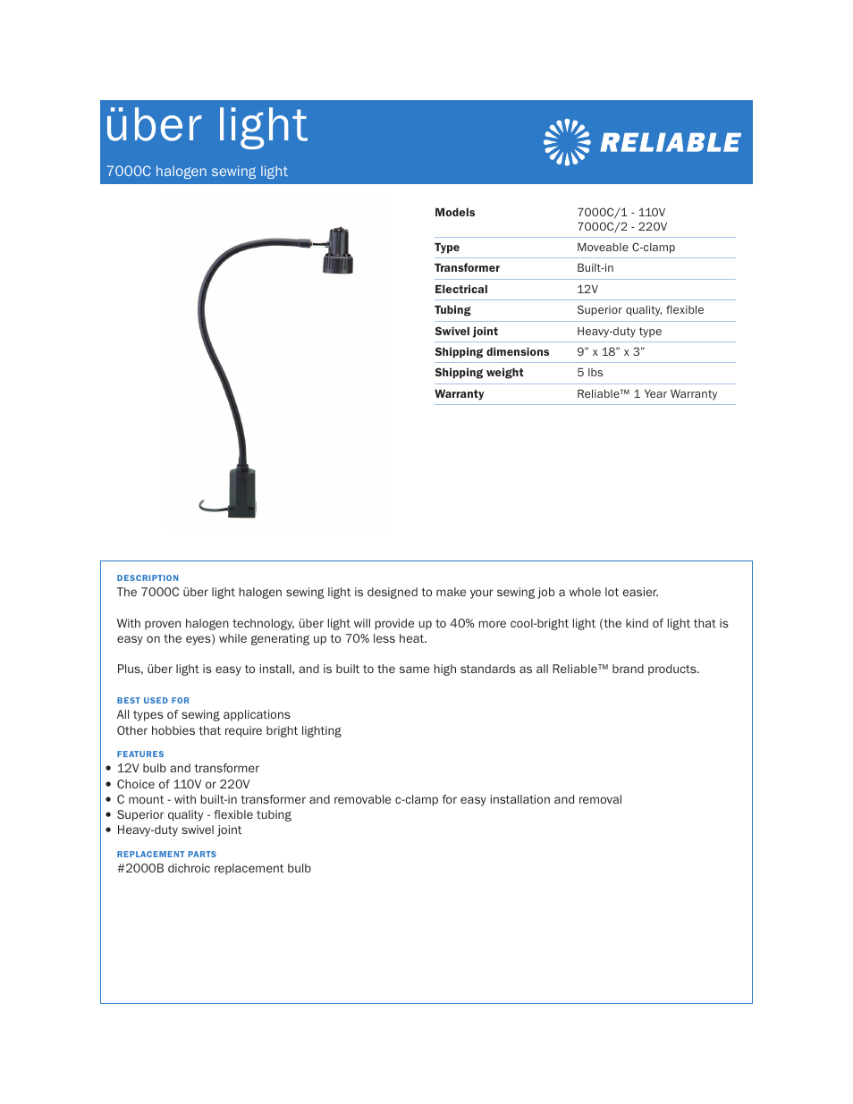 Reliable Uber Light 7000C/1 - 110V User Manual | 1 page