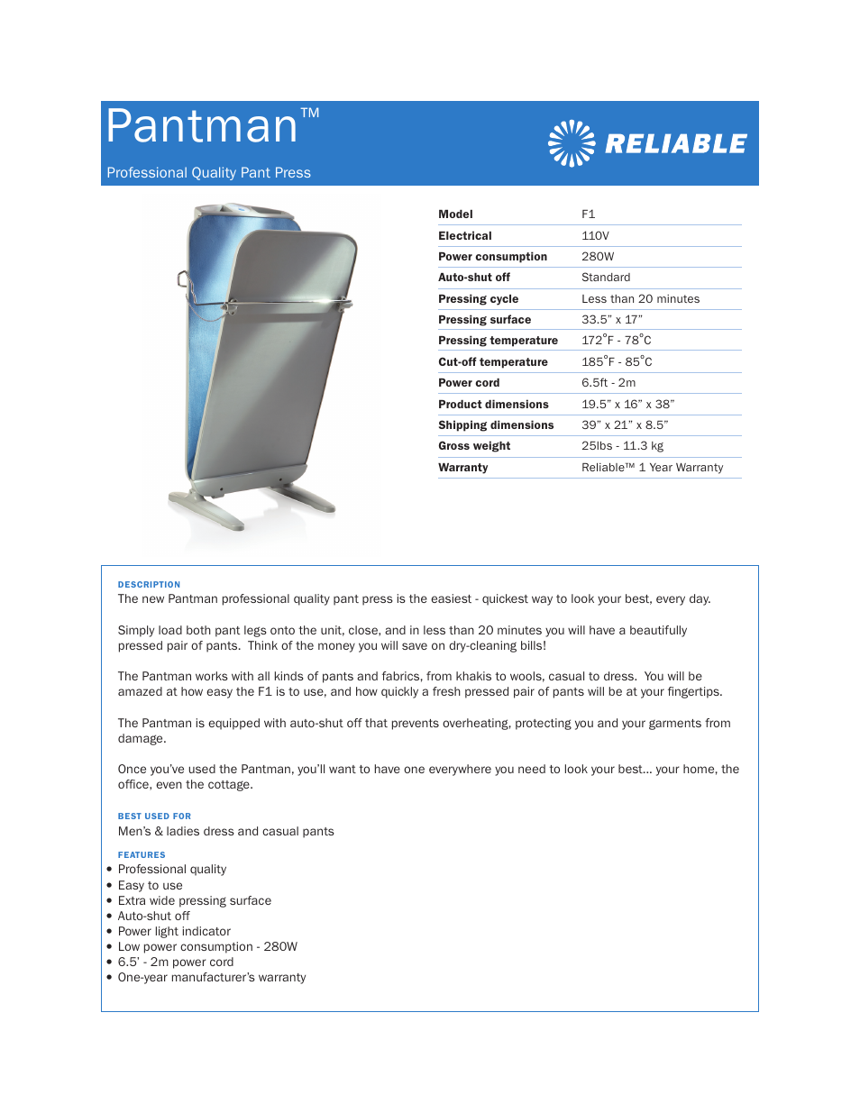 Reliable Pantman F1 User Manual | 1 page